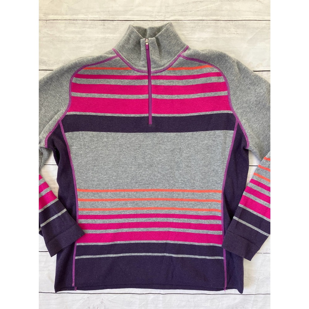 Womens Title Nine 1/4 Zip Merino Wool Blend Striped Grey Sweater Size XL